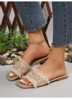 Rup Art Vacation Slide Sandals Women Geometric Pattern Fringe Decor Fabric Sandals for Ladies Vacation  - Image 4
