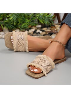 Rup Art Vacation Slide Sandals Women Geometric Pattern Fringe Decor Fabric Sandals for Ladies Vacation  - Image 5