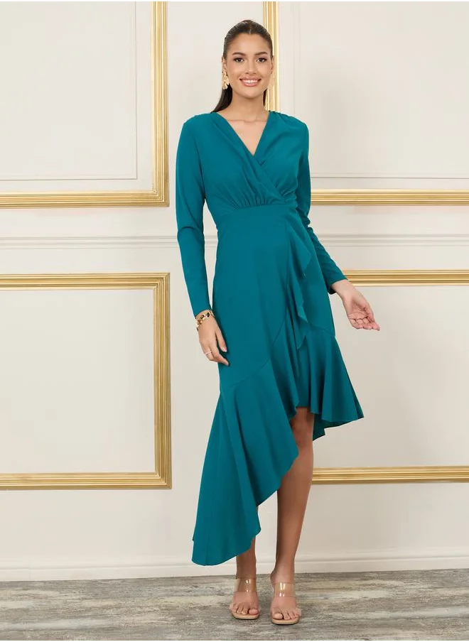 Styli Ruffle Asymmetric Hem A-Line Midi Dress