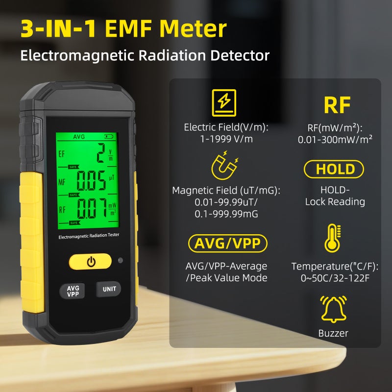 كاشف المجالات الكهرومغناطيسية (EMF)، مقياس مجالات كهرومغناطيسية محمول 3 في 1 يكشف المجالات الكهربائية (EF) والمجالات الراديوية (RF) والمجالات المغناطيسية (MF) وإشارات الواي فاي، كاشف إشعاع قابل لإعادة الشحن مع إضاءة خلفية ثلاثية الألوان وإنذار صوتي، مناسب للمنزل والمكتب ومطاردة الأشباح - Image 3