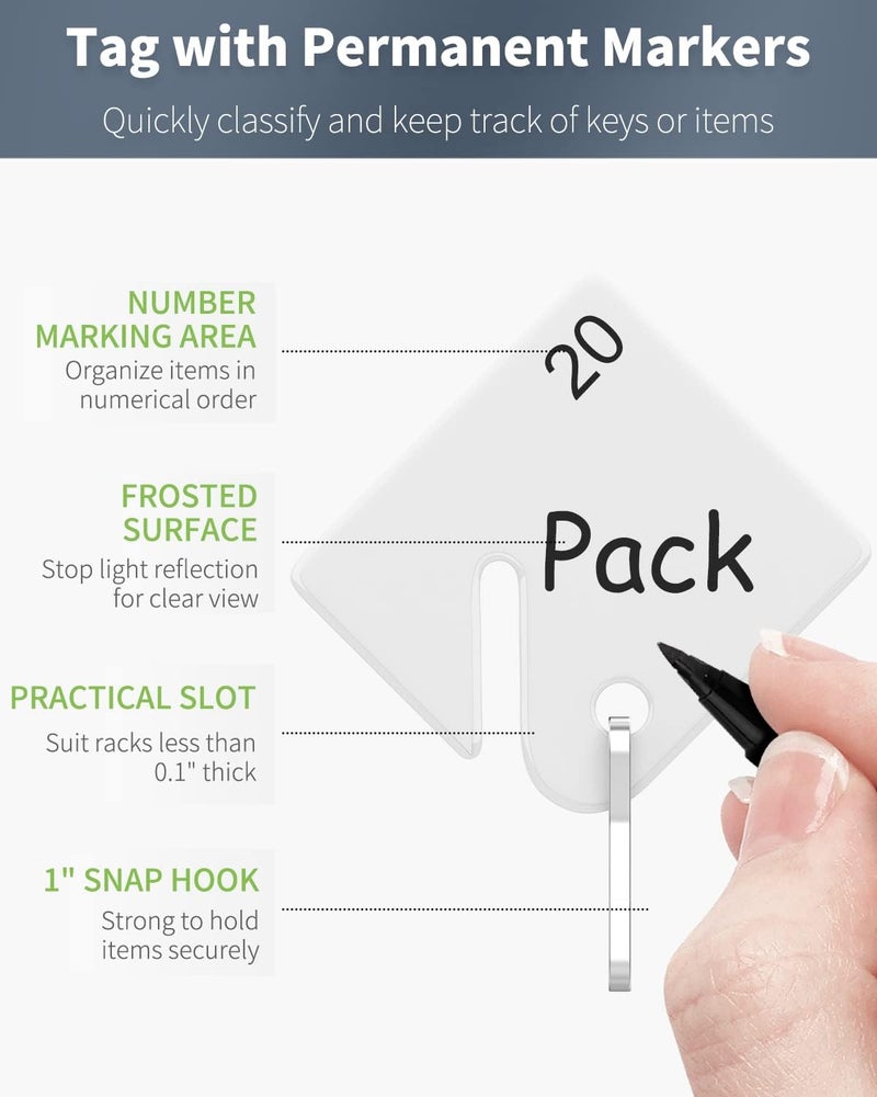 Uniclife 20 Pcs Rack Key Tags 1.5 Inch Slotted Plastic Tags with Metal Snap Hooks White Square Hanging Tags for Key Cabinets Boxes Lockers Sturdy Frosted Item Identifiers for Home Offices and Garages - Image 1