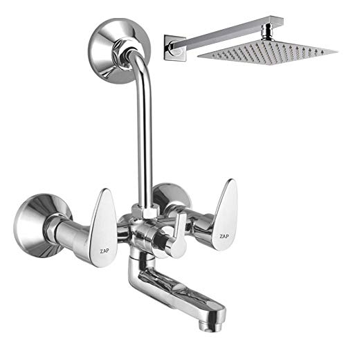 ZAP Brzza Series High Grade 100% Brass Wall Mixer with Overhead Shower System Set and 125mm Long Bend Pipe For Bathroom (Chrome Finish) - Image 1