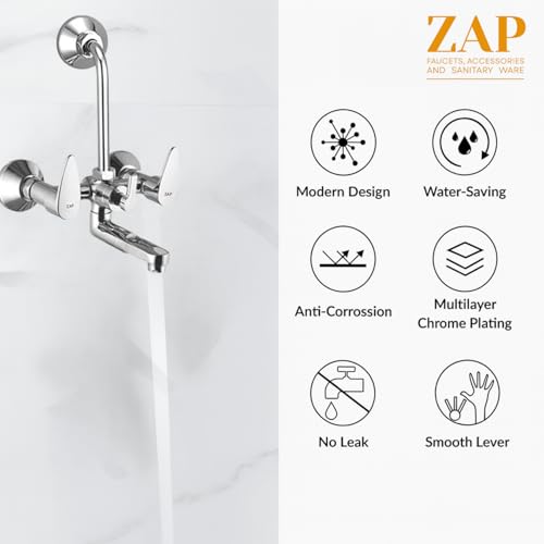 ZAP Brzza Series High Grade 100% Brass Wall Mixer with Overhead Shower System Set and 125mm Long Bend Pipe For Bathroom (Chrome Finish) - Image 4