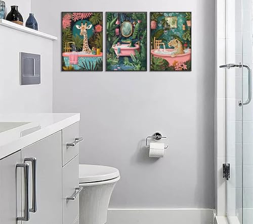 UXOCBTAH 3Pcs Funny Bathroom Animals Wall Art Cheetah Crocodile Giraffe Wall Decor Picture Maximalist Painting Tropical Plants Posters Prints for Living Room Bedroom Toilet Decoration 12x16in Unframed - Image 3