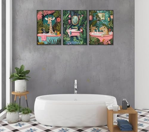 UXOCBTAH 3Pcs Funny Bathroom Animals Wall Art Cheetah Crocodile Giraffe Wall Decor Picture Maximalist Painting Tropical Plants Posters Prints for Living Room Bedroom Toilet Decoration 12x16in Unframed - Image 4