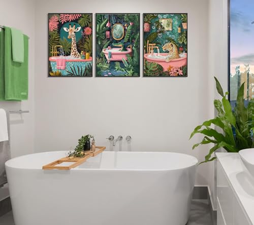 UXOCBTAH 3Pcs Funny Bathroom Animals Wall Art Cheetah Crocodile Giraffe Wall Decor Picture Maximalist Painting Tropical Plants Posters Prints for Living Room Bedroom Toilet Decoration 12x16in Unframed - Image 2