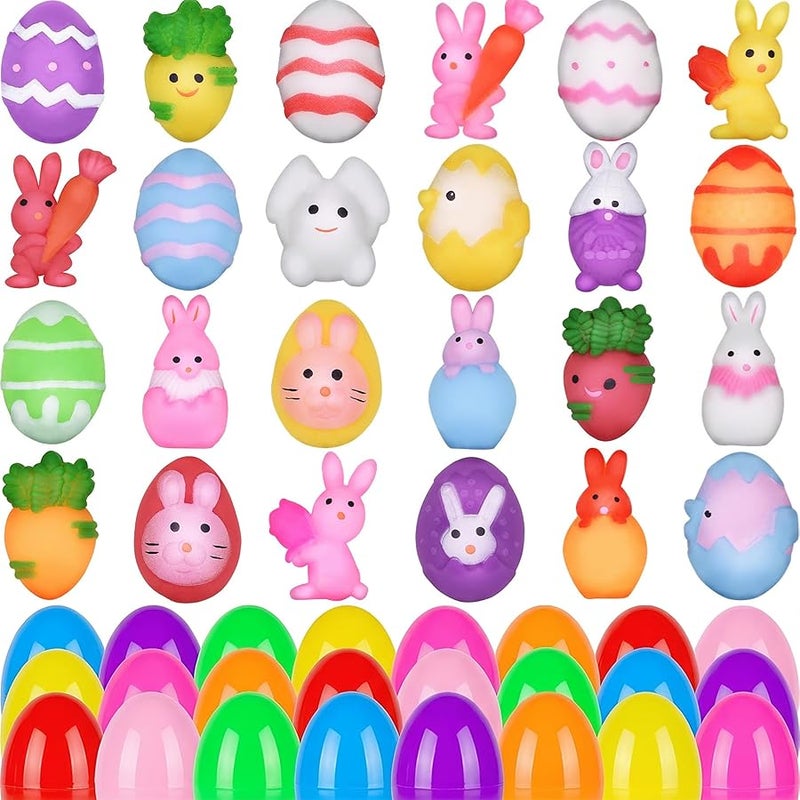 Howzcci 24 Pack Easter Mochi Squishy Toys Squishies Easter Toys with 24 PCS Plastic Easter Eggs for Kids Girls Boys Party Favors Easter Basket Stuffers Party Favors Candy Bags Gifts - Image 1