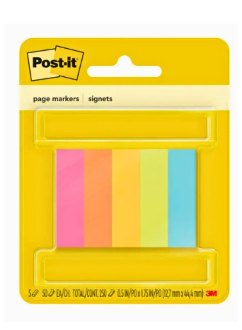 Post It Post-it Page Markers, Assorted Colors, 1/2 in x 2 in, 50 Sheets/Pad, 5 Pads/Pack (670-5AF) - Image 1
