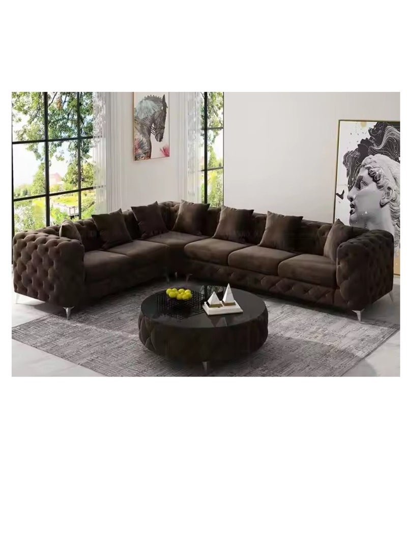 Maharat Al Bahar Dark Brown Luxury L-Shaped Leather Chesterfield Sofa - 6-Seater with Golden Legs - Classic Tufted Design for Elegant Living Rooms - Image 1
