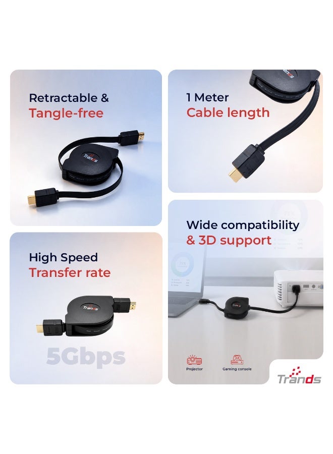 Trands Retractable HDMI 2.0 to HDMI Cable (1 Meter) - CA888, 4K Support, High Speed 5Gbps, Black - Image 2