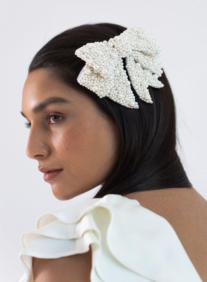 Pearl Bow Hair Clip, Large White Hair Accessory, Elegant Bridal Hair Decoration, hair bow pin clip, fashion accessories, women accessories - Image 2