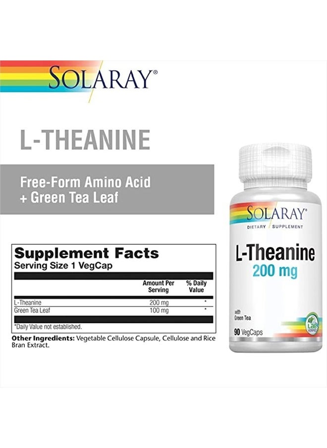Solaray - L-Theanine 200mg w/Green Tea Leaf 100mg Relaxation, Stress, Mood & Focus Support w/Out Drowsiness Lab Verified 90 VegCaps - Image 1