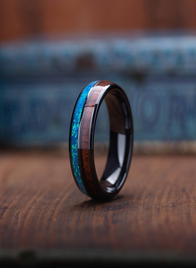 VIEN Unisex Tungsten Rings Inlaid Blue Opal Hawaiian Koa Wood High Polished Rings Stainless Steel Cubic Zirconia Titanium Plated Ring, 19 - Image 3