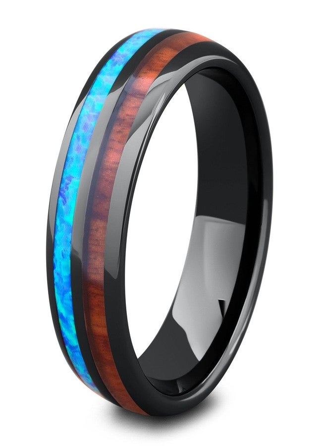 VIEN Unisex Tungsten Rings Inlaid Blue Opal Hawaiian Koa Wood High Polished Rings Stainless Steel Cubic Zirconia Titanium Plated Ring, 19 - Image 1