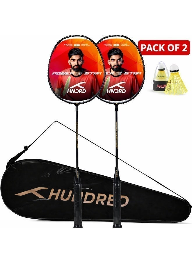 Hundred Powertek Star Badminton Racket Set – 2 Strung Rackets with Full Cover & 2 Nylon Shuttlecocks | Lightweight, Durable, Ideal for Beginners & Match Play - Image 1