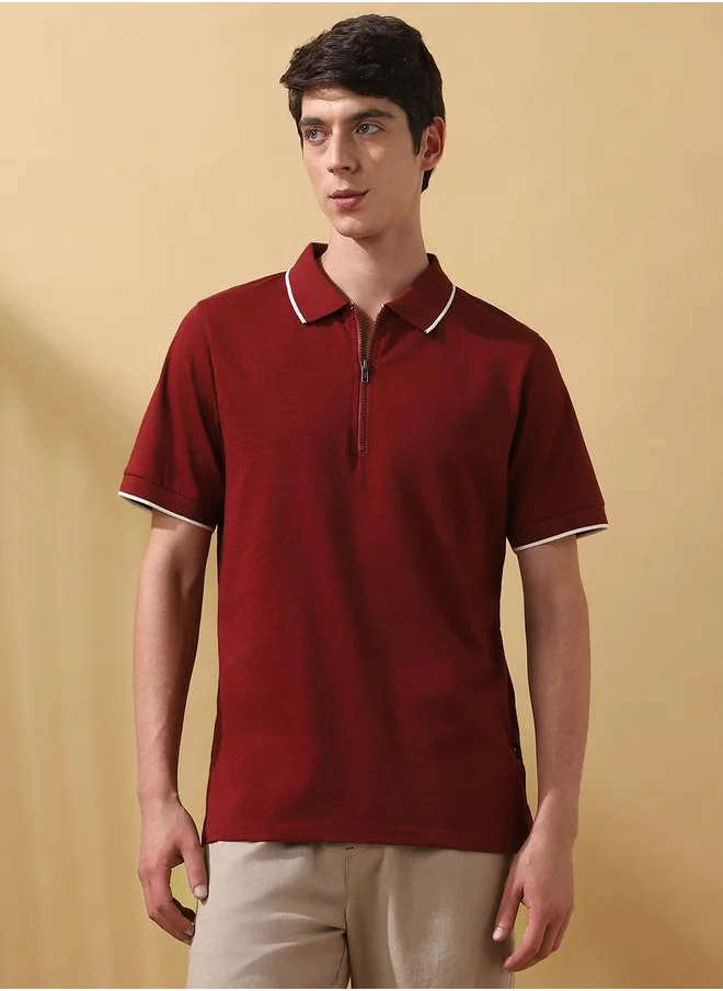 دينيس لينغو Cabernet Cotton Solid Pattern Regular Fit T-Shirts for Men with Polo Neck Half Sleeves Regular Length Upper Body Wear T-shirts Knitted Weave - Perfect for Lifestyle Occasions