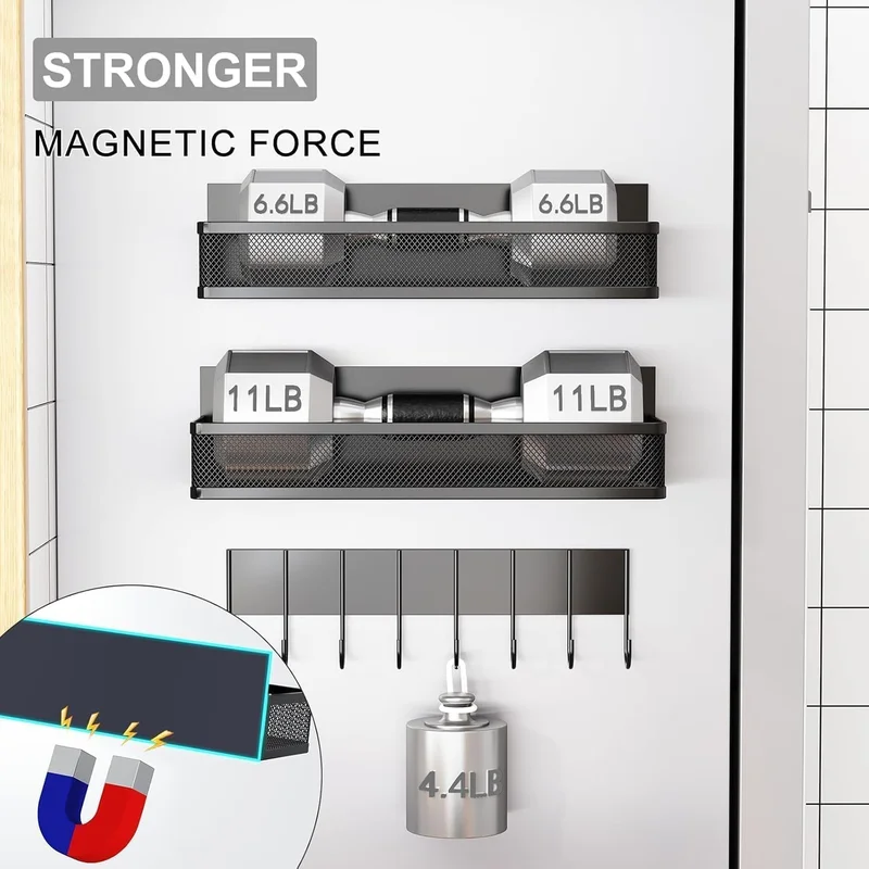 QUESERA Magnetic Spice Rack Set – 5 Pack Moveable Magnetic Shelves with 10-Hook Rack
