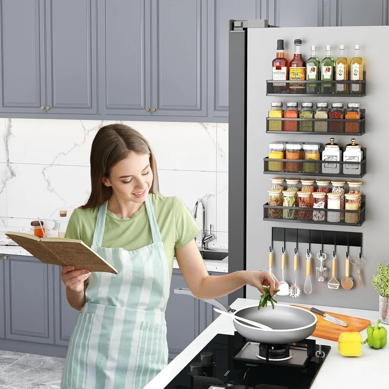 QUESERA Magnetic Spice Rack Set – 5 Pack Moveable Magnetic Shelves with 10-Hook Rack