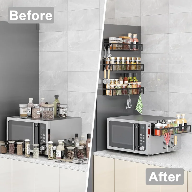 QUESERA Magnetic Spice Rack Set – 5 Pack Moveable Magnetic Shelves with 10-Hook Rack