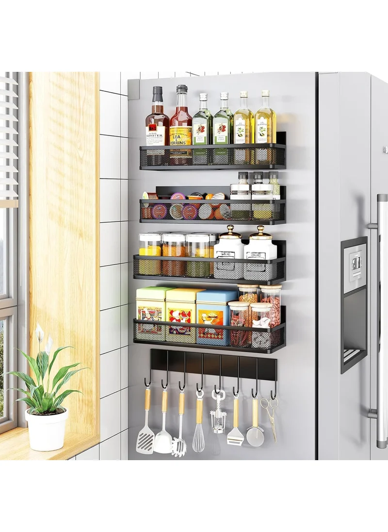 كويزيرا Magnetic Spice Rack Set – 5 Pack Moveable Magnetic Shelves with 10-Hook Rack