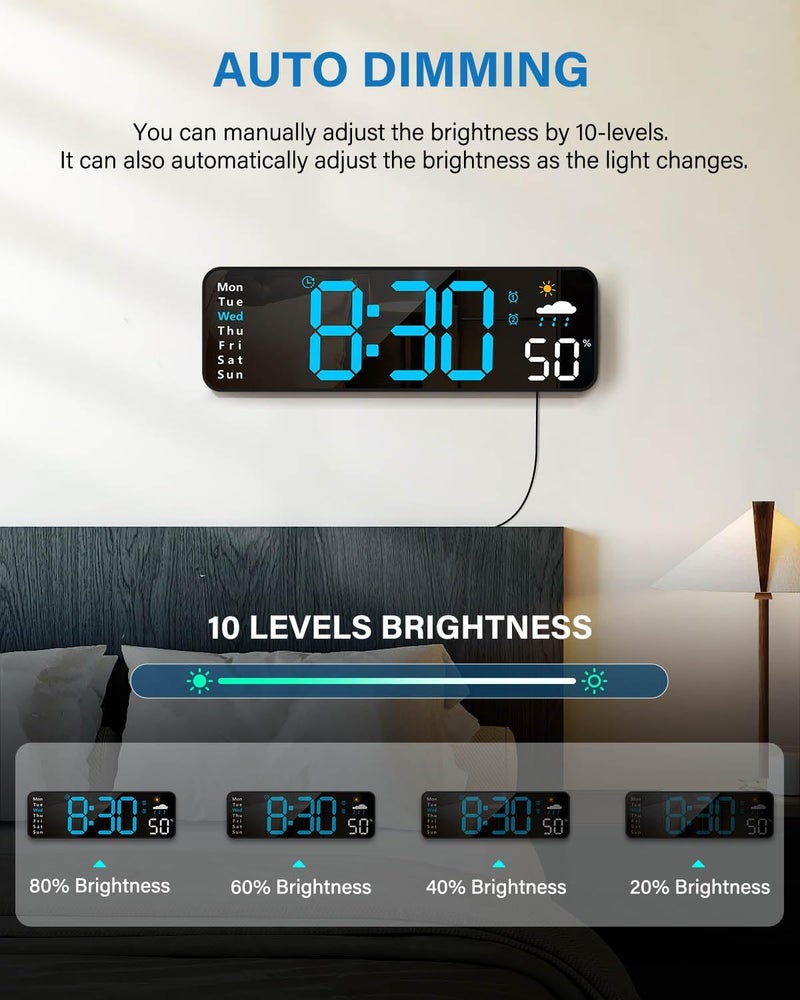 Zelaclock ساعة حائط رقمية، ساعة رقمية بشاشة كبيرة مع جهاز تحكم عن بعد، ساعات إنذار LED سلكية مع التاريخ، الأسبوع، درجة الحرارة، الرطوبة، التوقيت الصيفي التلقائي، العد التنازلي، لغرفة المعيشة، غرفة النوم، الفصل الدراسي، المكتب (أزرق) - Image 3