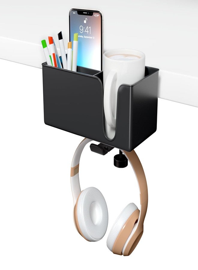 CUBE TECH 5 in 1 Desk Pencil Holder - Clamp on Under Desk Headphone Hanger - Rotating Headphone Holder Detachable Pen Holder Desktop Storage - Image 1
