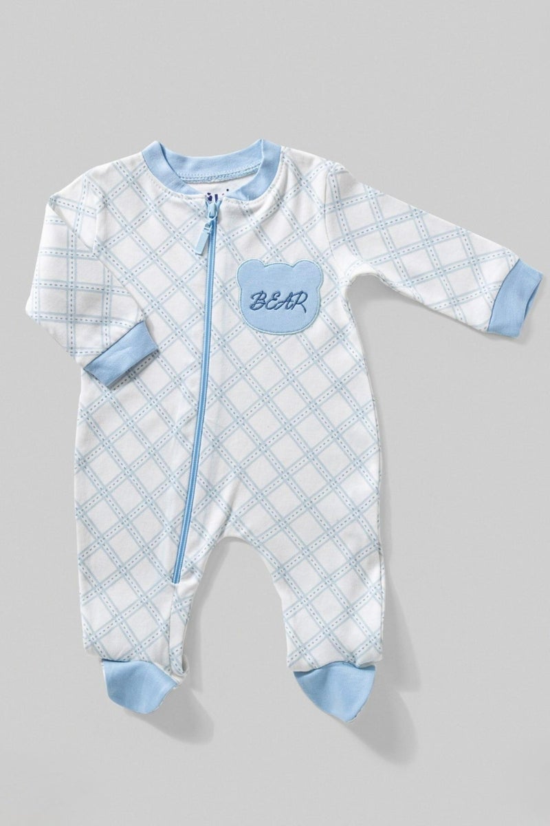 فل مون بدلة نوم للأطفال مع رقعة دب، بنمط ماسي، أبيض وأزرق، بسحاب أمامي