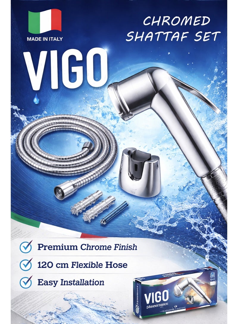 The "Chromed Shattaf Set" is the perfect addition to any modern bathroom, combining elegance with high-quality functionality. Its sleek design with a premium chrome finish adds a luxurious touch to your space. With a flexible 120 cm hose, it provides easy access to all areas for optimal cleanliness. The powerful spray mechanism ensures an effective and effortless experience, guaranteeing the highest level of personal hygiene. The product is easy to install, making it an ideal choice for updating and enhancing any bathroom, offering both comfort and excellent health support - Image 1
