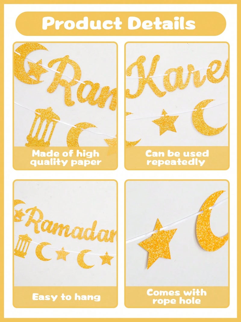 زينه رمضان لافتة بعبارة رمضان كريم ورقية باللون الذهبي مع هلال ونجوم- زينه احتفال بشهر رمضان - Image 5