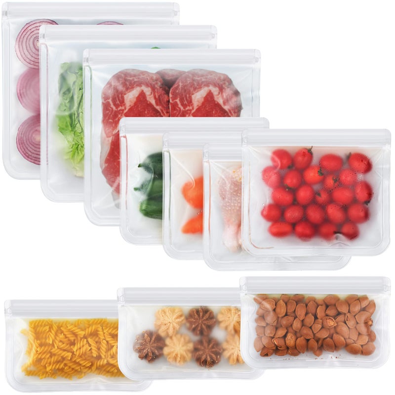 NIKUY 10 Pack Dishwasher Safe Reusable Bags Silicone Leakproof BPA Free Reusable Food Storage Bags for Lunch Marinate Freeze Travel Clear 3 Gallon 3 Snack 4 Sandwich