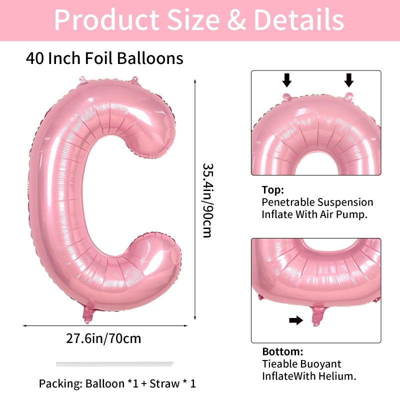 Biapian 40 Inch Pink Letter Balloons, Giant Light Pink Letter C Balloon, Single Alphabet C Balloon, Pastel Foil Name Balloons for Girls Women Birthday Baby Shower Anniversary Graduation Decoration - Image 2