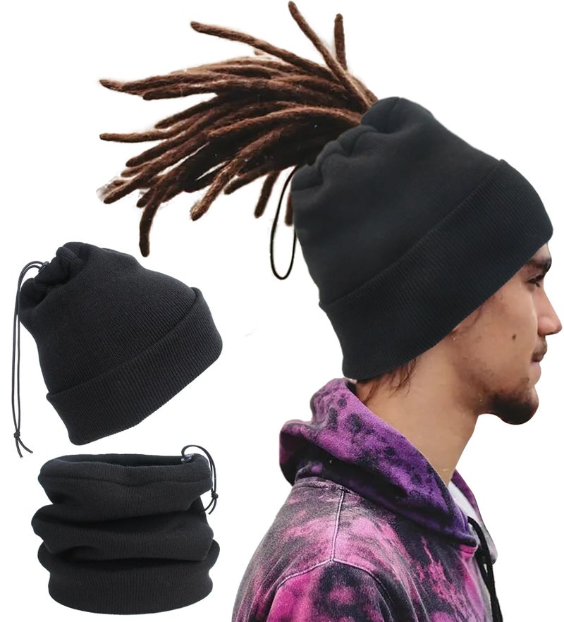 Ababalaya Unisex Knit Rasta Beanie Unisex Open Turban Beanies Winter Hats for Dreadlock Hair Wraps for Men Women, Black - Image 1