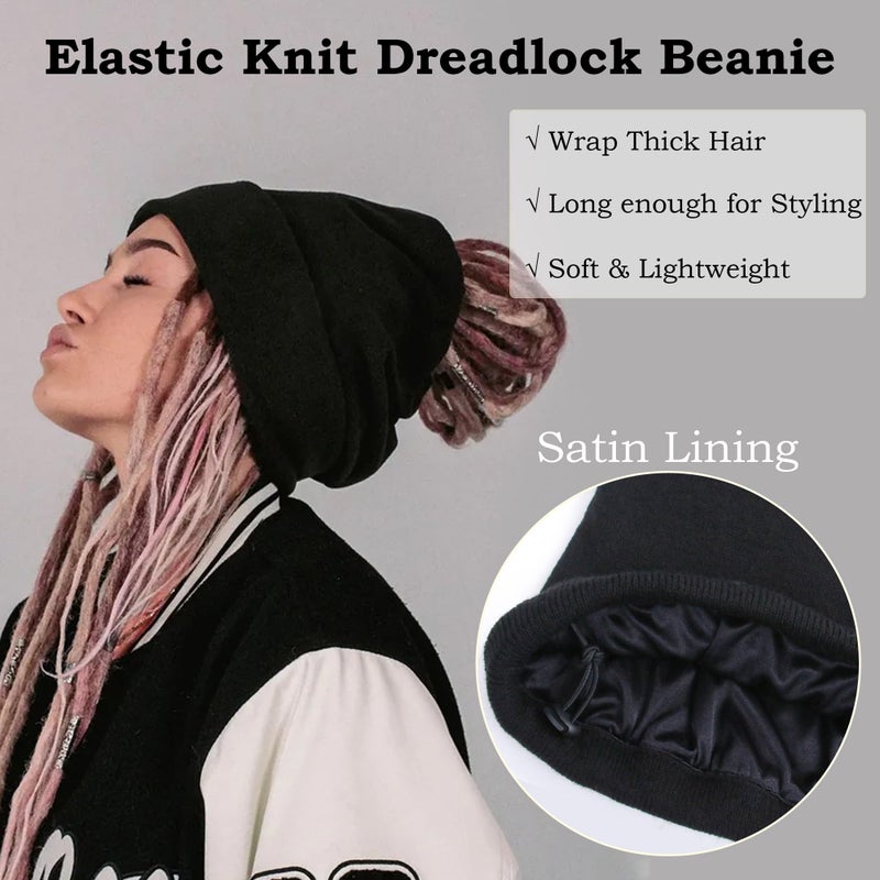 Ababalaya Unisex Knit Rasta Beanie Unisex Open Turban Beanies Winter Hats for Dreadlock Hair Wraps for Men Women, Black - Image 3