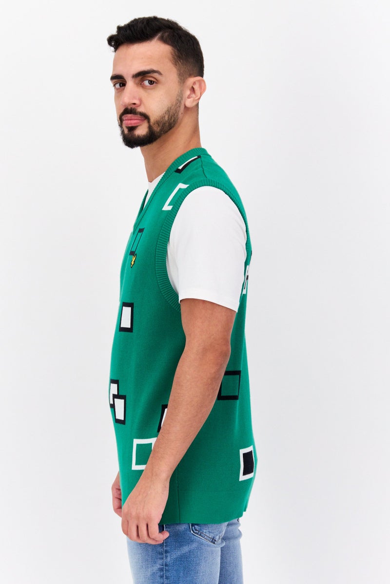 Lyle & Scott Men Crew Neck Sleeveless Allover Print Vest, Green Combo - Image 3
