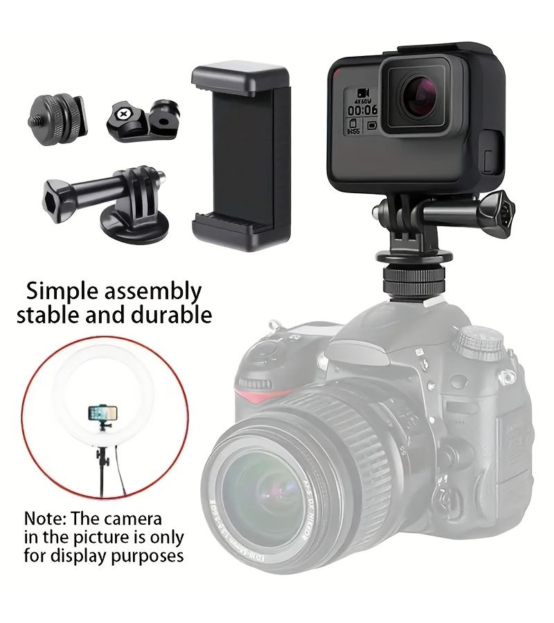 محول حامل ثلاثي القوائم للهواتف الذكية لكاميرات DSLR، حامل مراقبة بزاوية منخفضة، متوافق مع كاميرات Canon وNikon والكاميرات الرياضية، مع إضافات إضاءة تعبئة، مجموعة من 5 قطع من محولات الكاميرا، هيكل بلاستيكي متين، تجميع سهل، حامل للهاتف والكاميرا. - Image 4