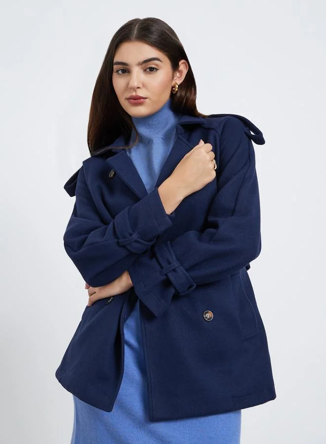 Styli Navy Oversized Wool Like Belted Jacket