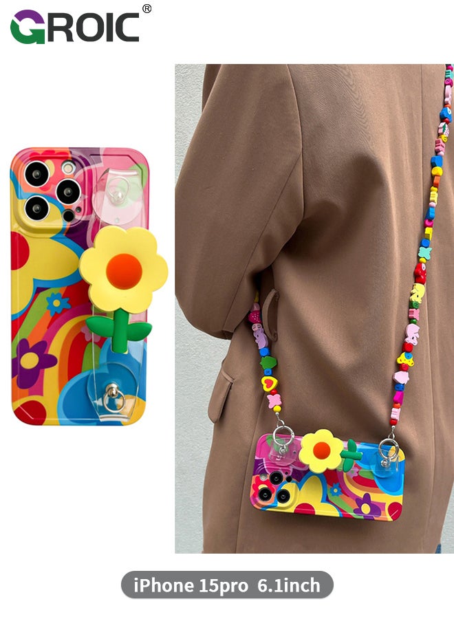 GROIC جراب متوافق مع iPhone 15 Pro مقاس 6.1 بوصة، غطاء هاتف كروس بودي مع حزام وحامل لسوار المعصم، تصميم زهور ملونة لطيفة فريدة من نوعها لهاتف iPhone 15 Pro - Image 1