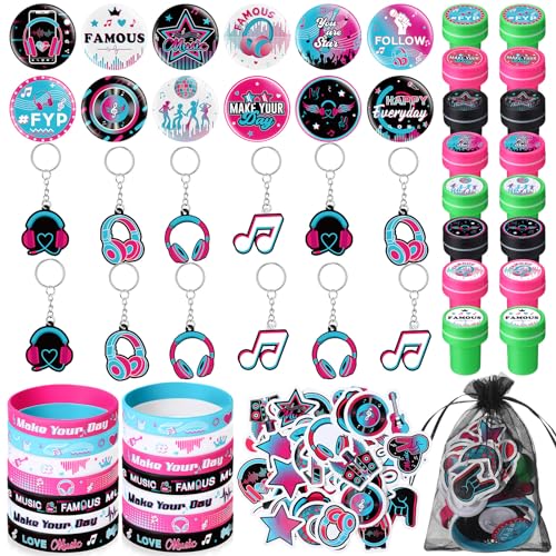 Capoda 110 Pcs Music Party Favor Supplies Kit Media Theme Gift Bag Filler Silicone Bracelets Button Pins Music Keychains Stampers Stickers for Boys Girls Birthday Party Decorations Supplies - Image 1