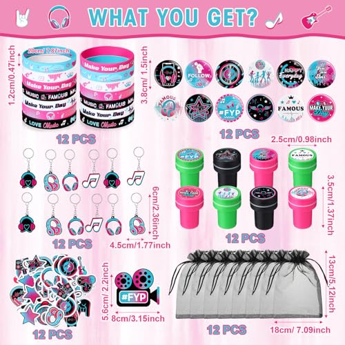Capoda 110 Pcs Music Party Favor Supplies Kit Media Theme Gift Bag Filler Silicone Bracelets Button Pins Music Keychains Stampers Stickers for Boys Girls Birthday Party Decorations Supplies - Image 5