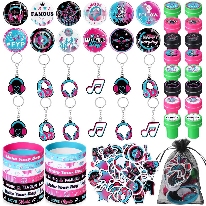 Capoda 110 Pcs Music Party Favor Supplies Kit Media Theme Gift Bag Filler Silicone Bracelets Button Pins Music Keychains Stampers Stickers for Boys Girls Birthday Party Decorations Supplies - Image 3