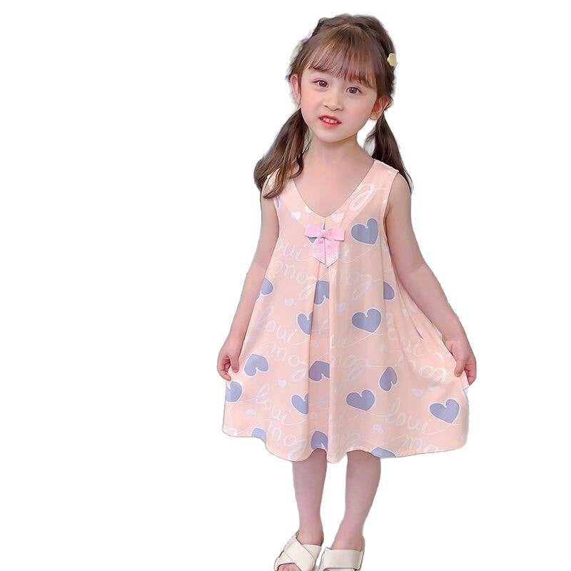 Summer Girls Cotton Sleeveless Nightgown Princess Heart Print - Image 5