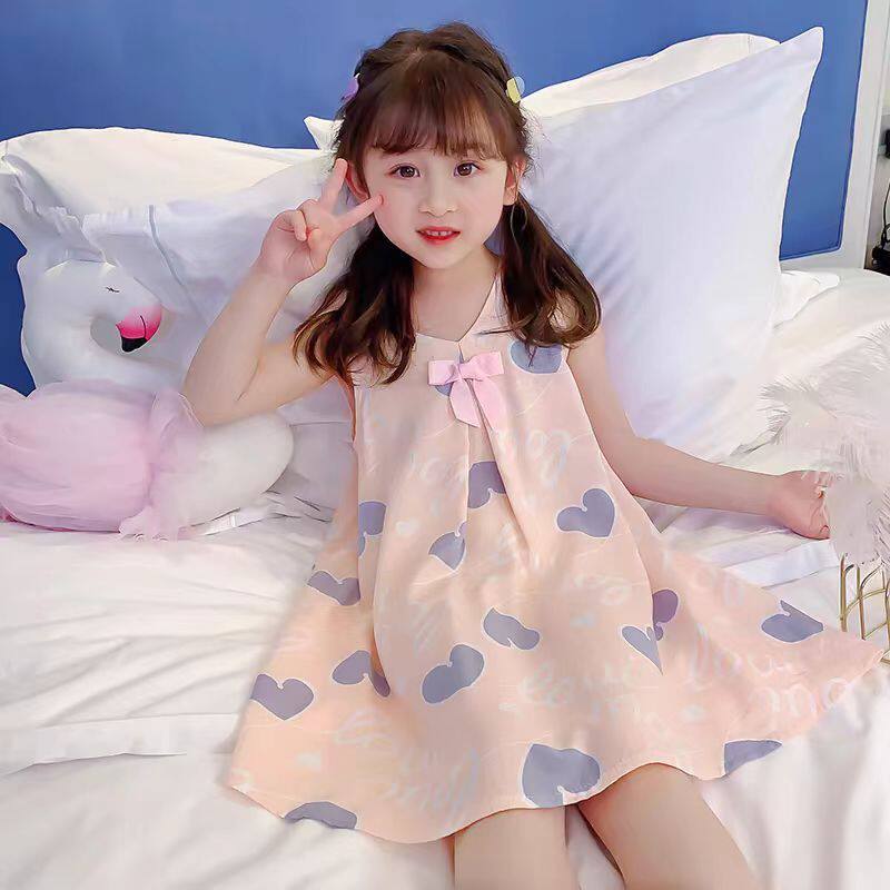 Summer Girls Cotton Sleeveless Nightgown Princess Heart Print - Image 1