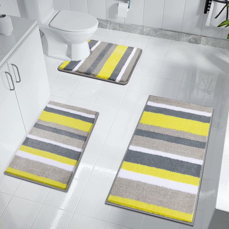 Pauwer Microfiber 3 Piece Bath Mat Sets Non Slip Bath Rugs and Pedestal Mats Washable Absorbent Bathroom Floor Carpet Rug Yellow