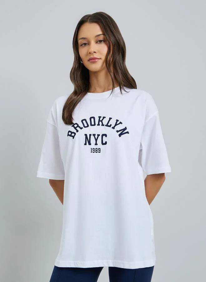 Styli White Embroidered Oversized Cotton T-Shirt