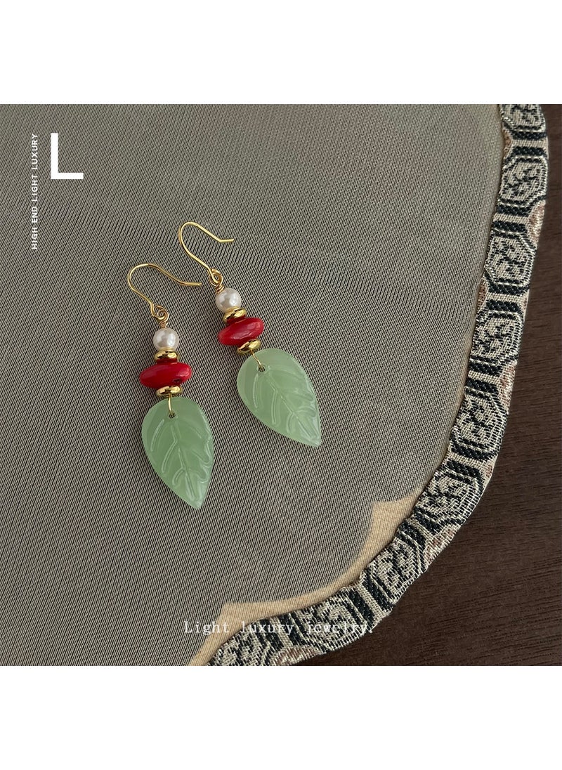 Generic - Handmade Vintage Chinese Style Jade Earrings 4366 leaf earrings - Image 1