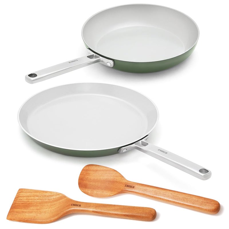 Ember Cookware طقم أواني الطهي السيراميكية غير اللاصقة من أركيلا مكون من 2 | مقلاة 24 سم و توا 28 سم | معتمد من ISI | أواني طهي سيراميكية غير سامة | طقم هدايا من 2 | مقبض فولاذي | خالي من PFAS و PTFE | أخضر - Image 1