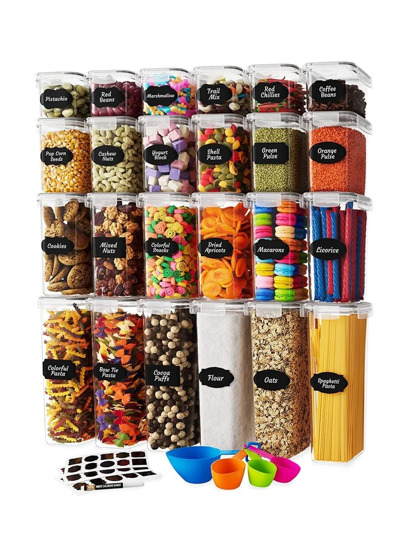 QUESERA Airtight Food Storage Container Set - 24 Piece, Kitchen & Pantry Organization, BPA-Free, Plastic Canisters with Durable Lids Ideal for Cereal, Flour & Sugar - Labels, Marker & Spoon Set