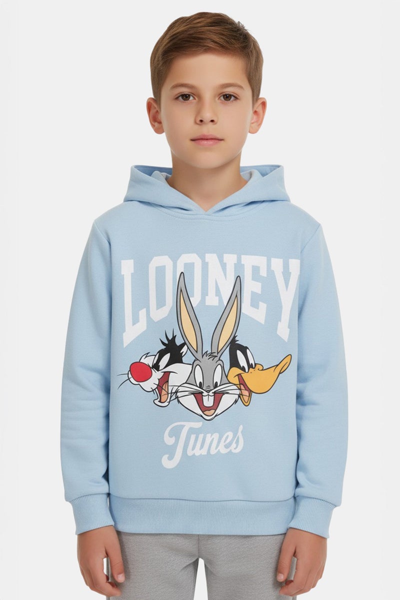 Looney Tunes هودي بأكمام طويلة للأولاد، طباعة جرافيك، أزرق باهت - Image 1