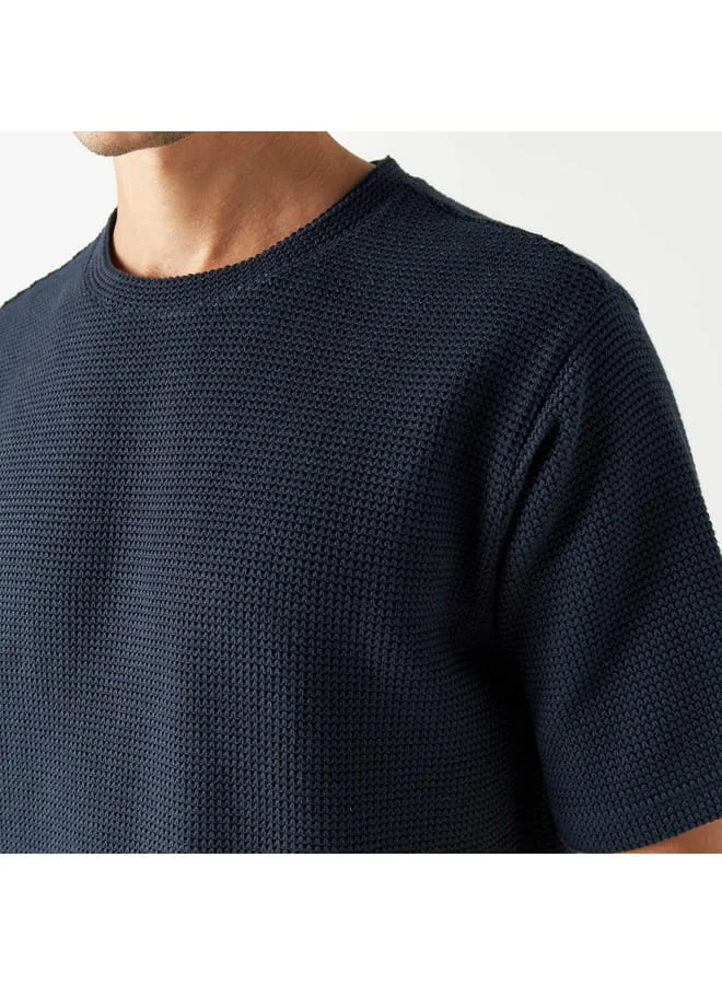 Iconic Iconic Textured Crew Neck T-shirt with Short Sleeves