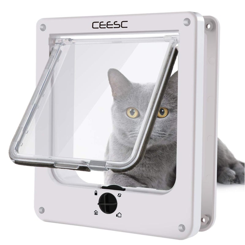 CEESC Medium Cat Door for Interior/Exterior Door, Weatherproof, White, Rotary 4 Way Locking Pet Door for Cats & Dogs with Circumference < 15.75", Upgraded Version - Image 1